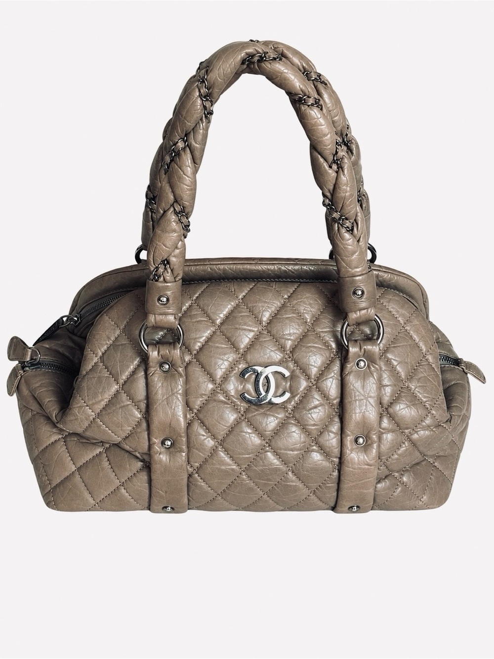 Chanel Lady Braid Bowler Bag in taupe distressed lambskin